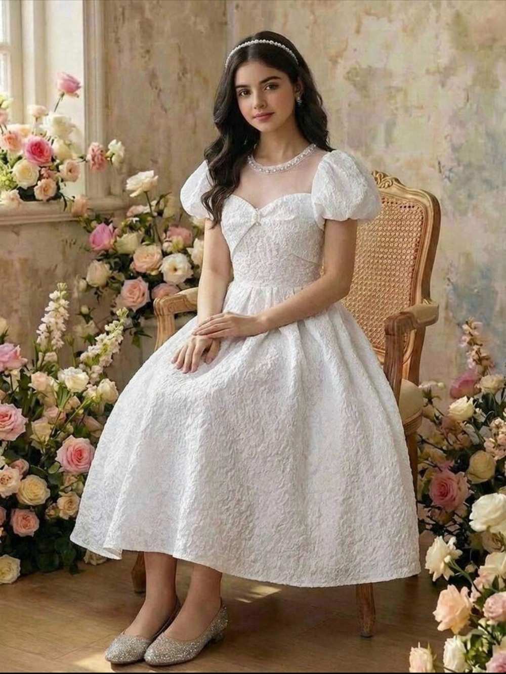 White Puff-Sleeve Lace Midi Dress